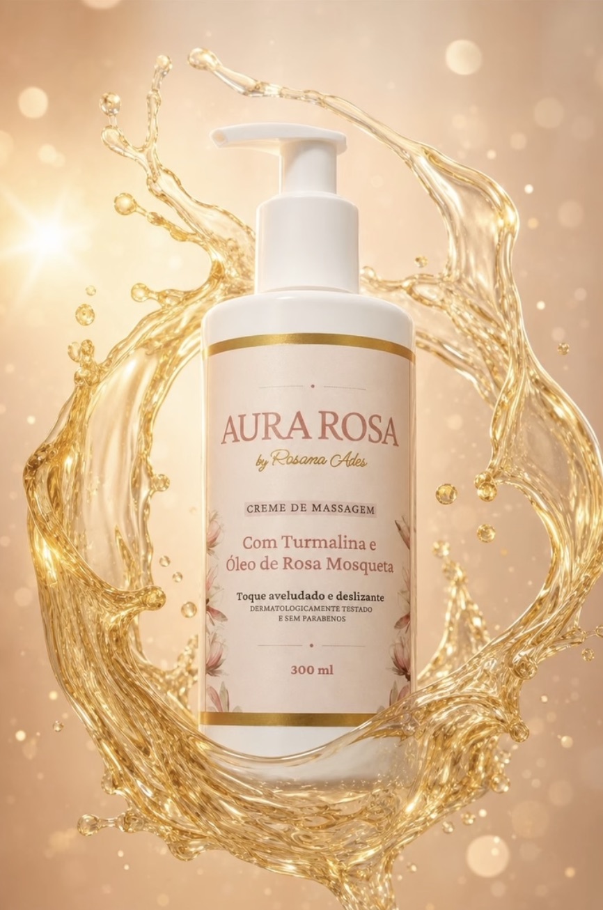Creme de massagem Aura Rosa, 300ml, com Turmalina e Óleo de Rosa Mosqueta